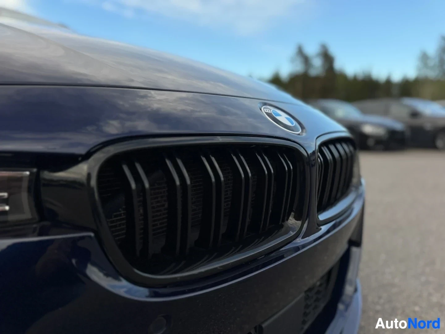 Yksityiskohta: Lähikuva tummansinisen auton etuosasta, jossa näkyvät munuaisgrilli ja BMW-logo.