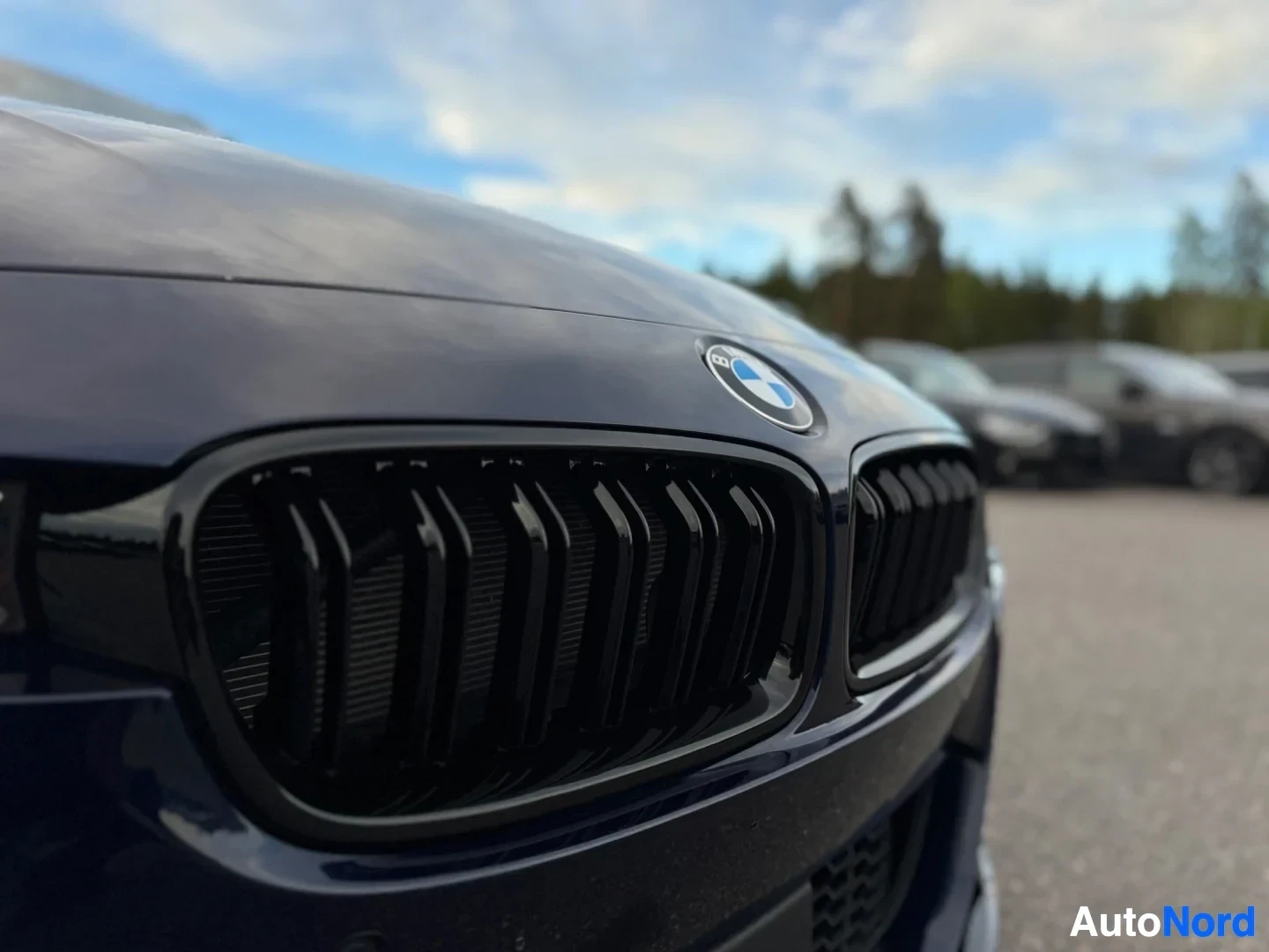 Yksityiskohta: Lähikuva tummansinisestä autosta edestäpäin, keskittyen mustaan jäähdyttimen säleikköön ja konepeltiin, jossa on BMW-logo.