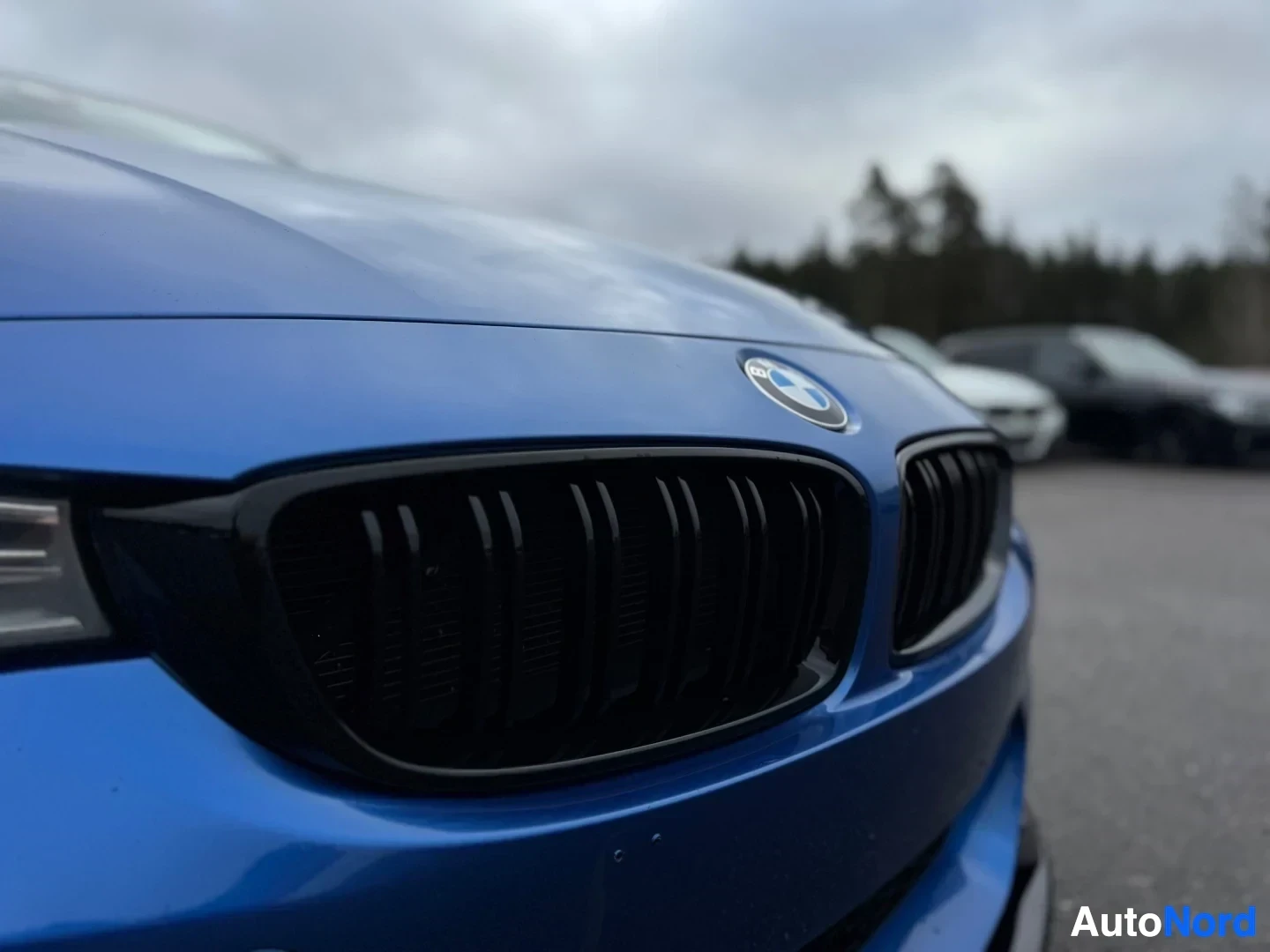Etuviisto, nokka vasemmalle: Lähikuva sinisen auton etuosasta. Autossa on musta munuaismaski ja BMW-logo konepellissä.