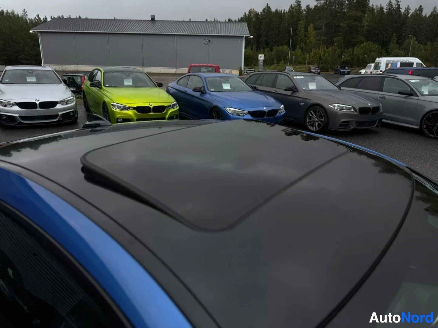 Yksityiskohta: Kuva auton katosta ja osasta konepeltiä, taustalla useita autoja parkkipaikalla myymälän edustalla.