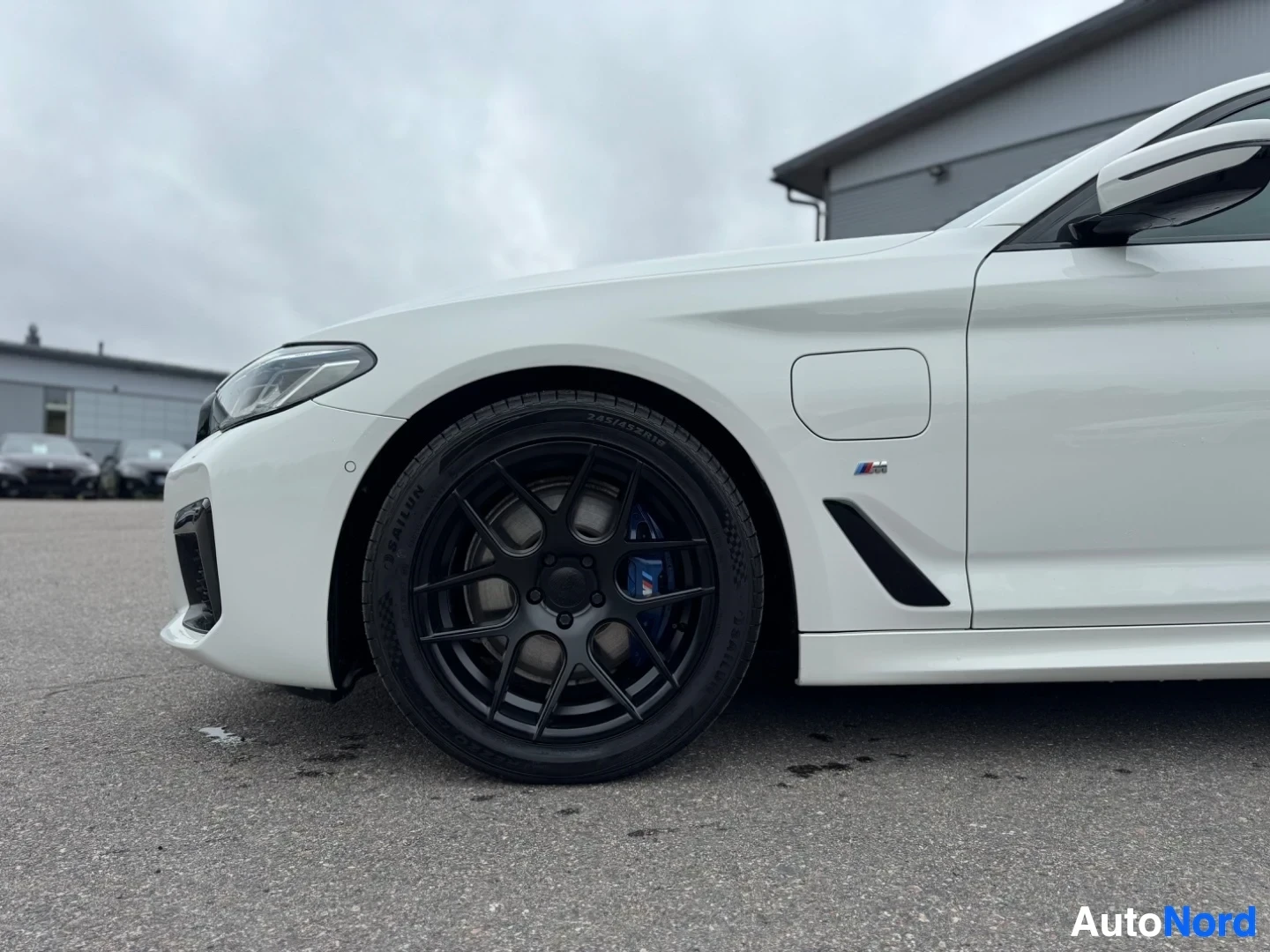 Yksityiskohta: Valkoisen auton etuosasta lähikuva, jossa näkyy musta monipuolavanne, rengas ja latauspistokkeen luukku etulokasuojassa. Rengaskoon merkintä on 245/45ZR19.