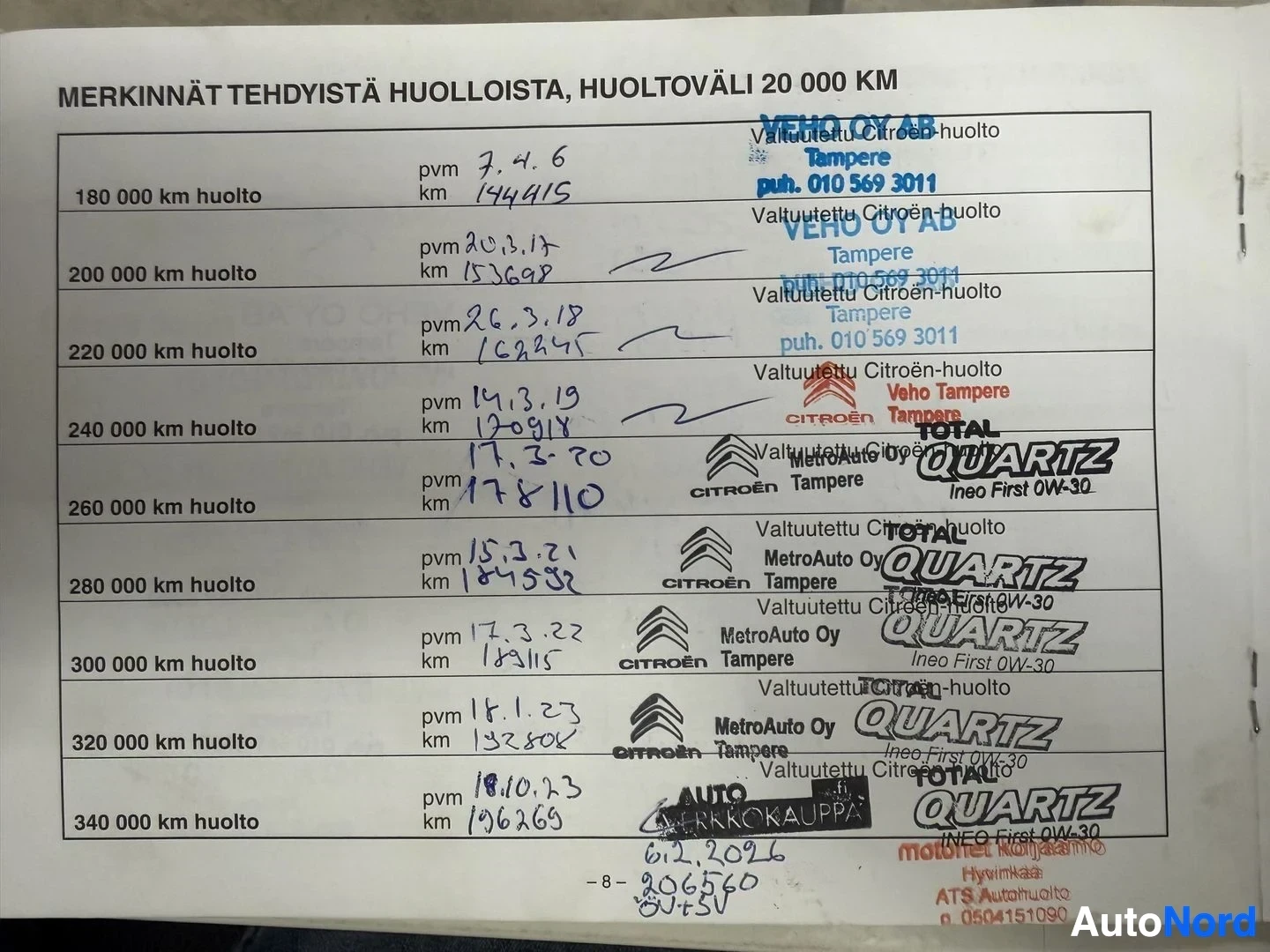 Asiakirja: Lähikuva huoltokirjan sivusta, jossa on merkintöjä tehdyistä huolloista. Sivu on otsikoitu "MERKINNÄT TEHDYISTÄ HUOLLOISTA, HUOLTOVÄLI 20 000 KM". Useita huolto