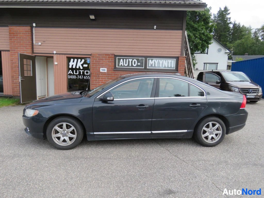 Etuviisto, nokka vasemmalle: Volvo S80 -sedan kylki ja keula sivulta autoliikkeen edustalla.