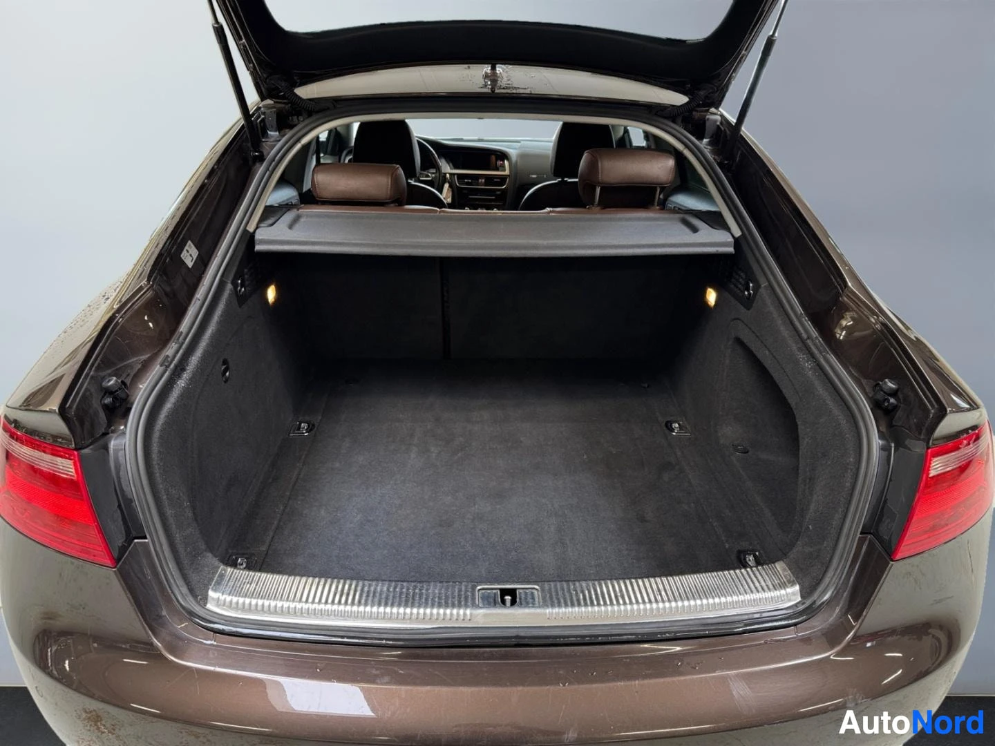 Takaa: Audi A5:n auki avattu tavaratila, jossa näkyvät takavalot ja paneeli; kuvattu suoraan takaa.