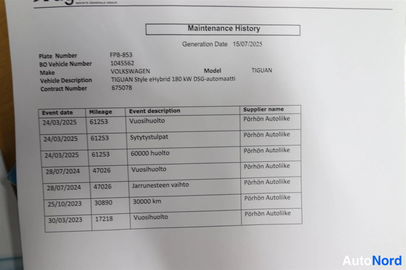 Muu: Huoltokirja: Maintenance History -tuloste Volkswagen Tiguanille, huoltotapahtumat vuosilta 2023–2025