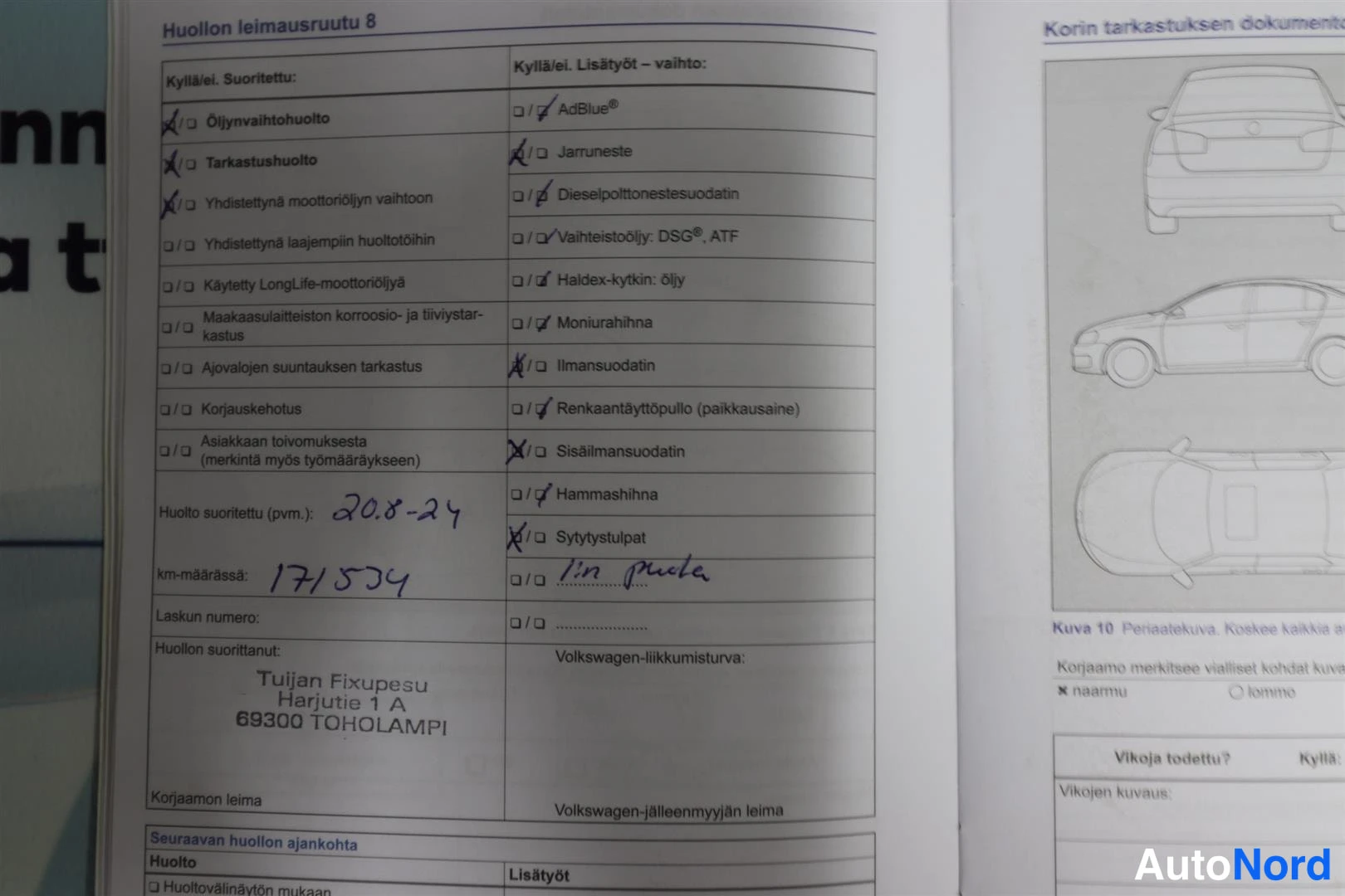 Asiakirja: Volkswagen-huoltokirjan huollon leimausruutu 8: huolto 20.8.24, km 171534, Tujan Fixupesun leima.