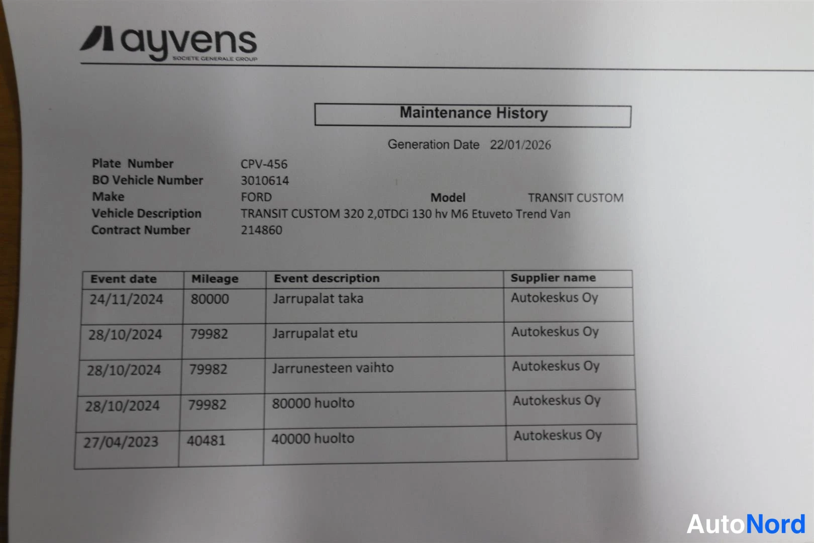 Asiakirja: Ayvensin Maintenance History -huoltohistoria Ford Transit Custom -autolle,.
