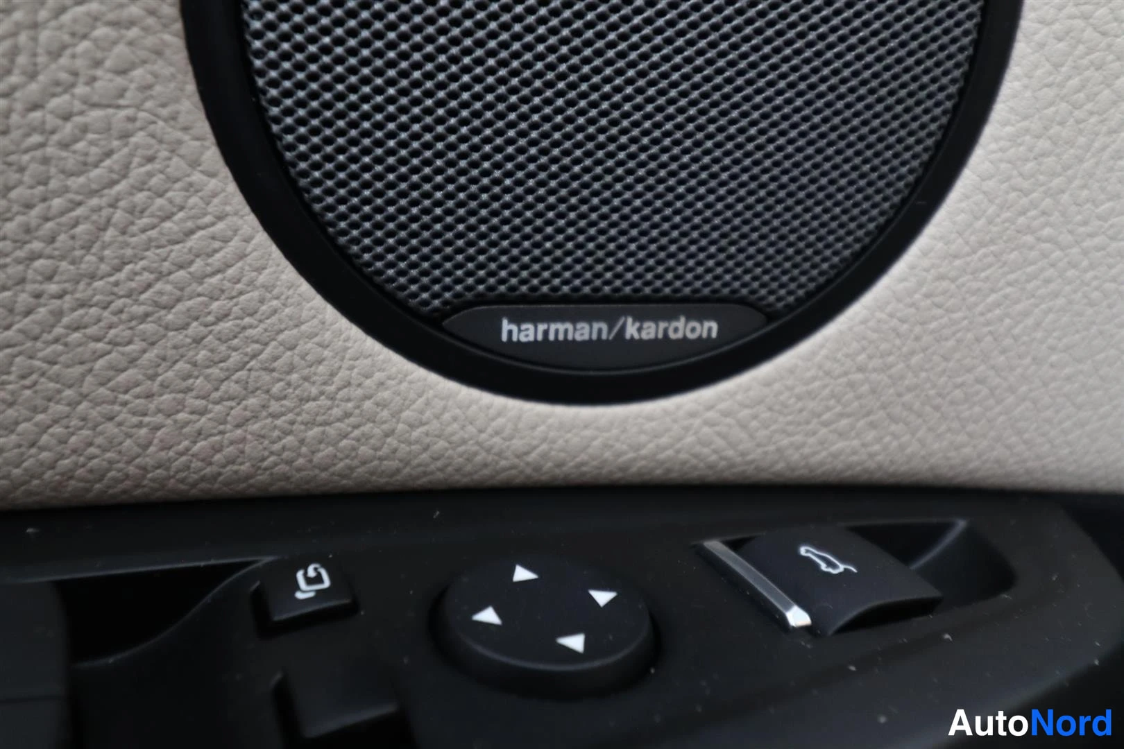 Yksityiskohta: Harman/Kardon -kaiuttimen ritilä ja ikkunanohjaimia.