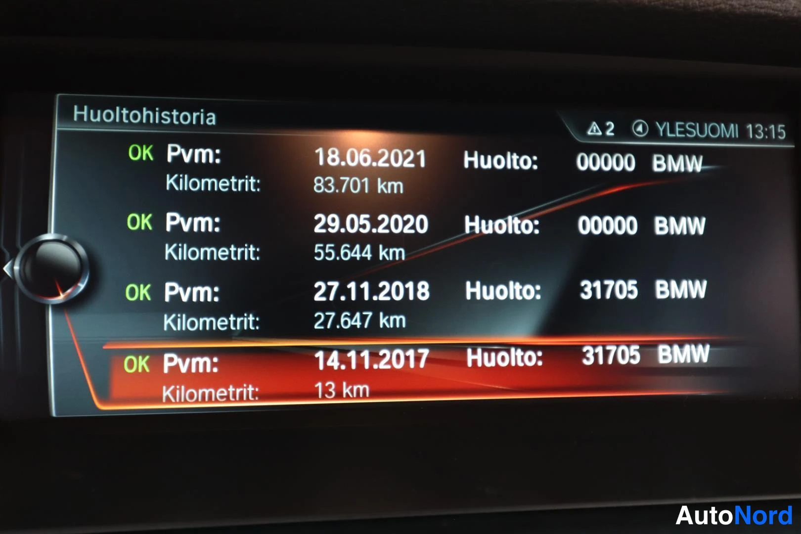 Muu: Auton näytöllä huoltohistoria, huollot 2017–2021