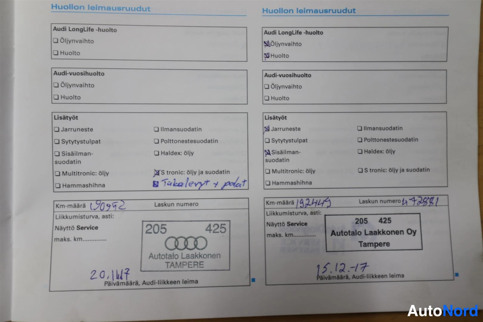 Muu: Audi-huoltokirjan Huollon leimausruudut -sivu, leimat Autotalo Laakkonen Tampere, km-määrät 190 752 ja 192 445 vuosina 2017.