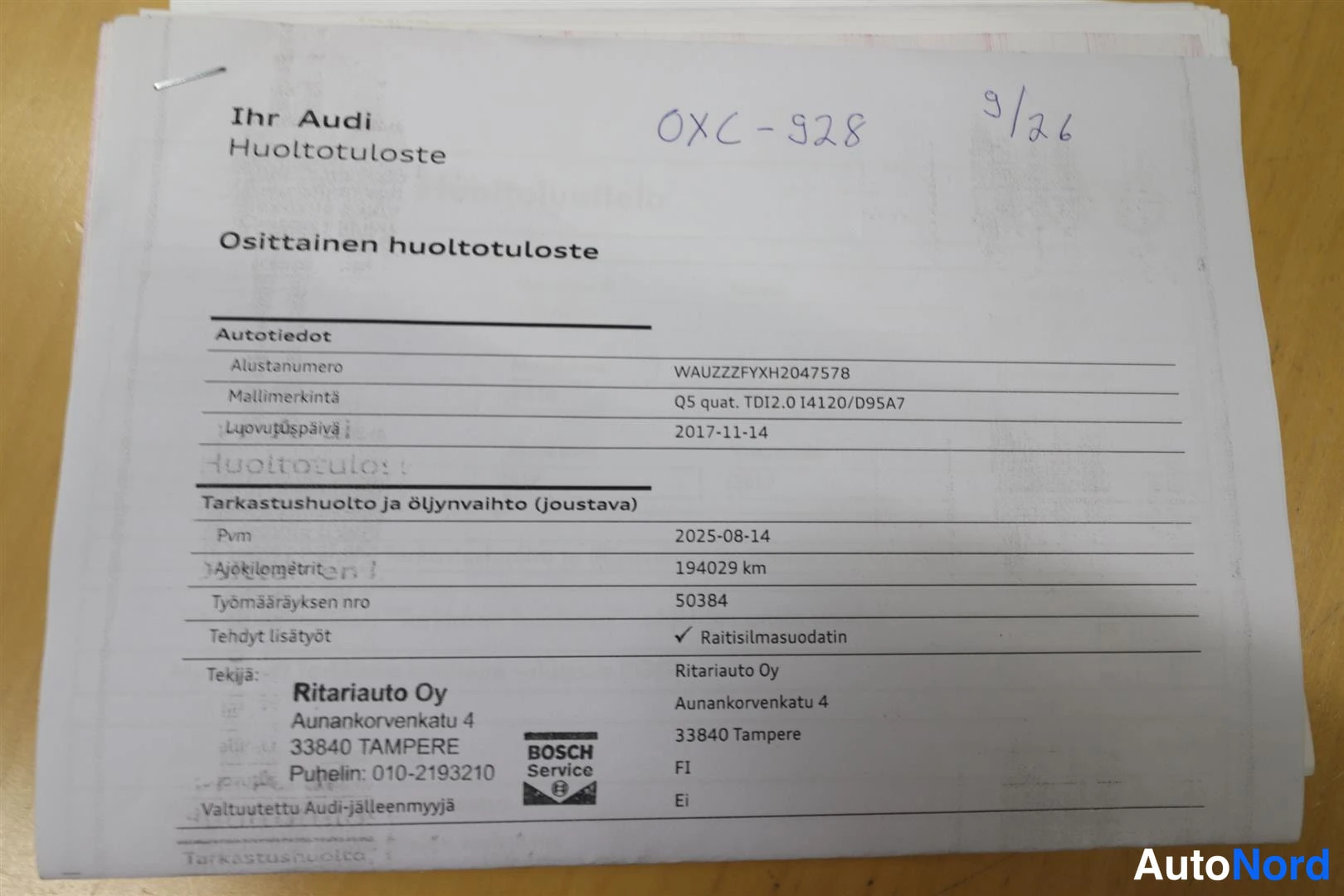 Asiakirja: Huoltotuloste: osittainen huolto 2025-08-14, 194029 km, Ritariauto Oy Tampere.