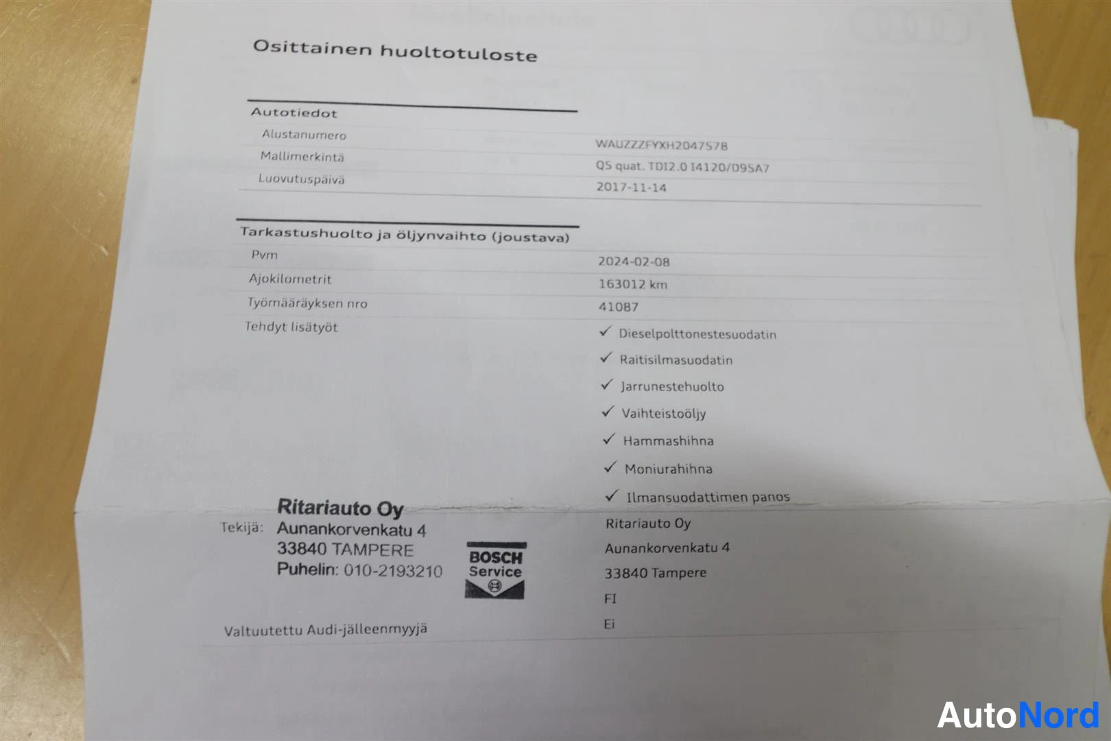Asiakirja: Huoltotuloste 2024-02-08, 163012 km, useita lisätöitä, Ritariauto Oy.