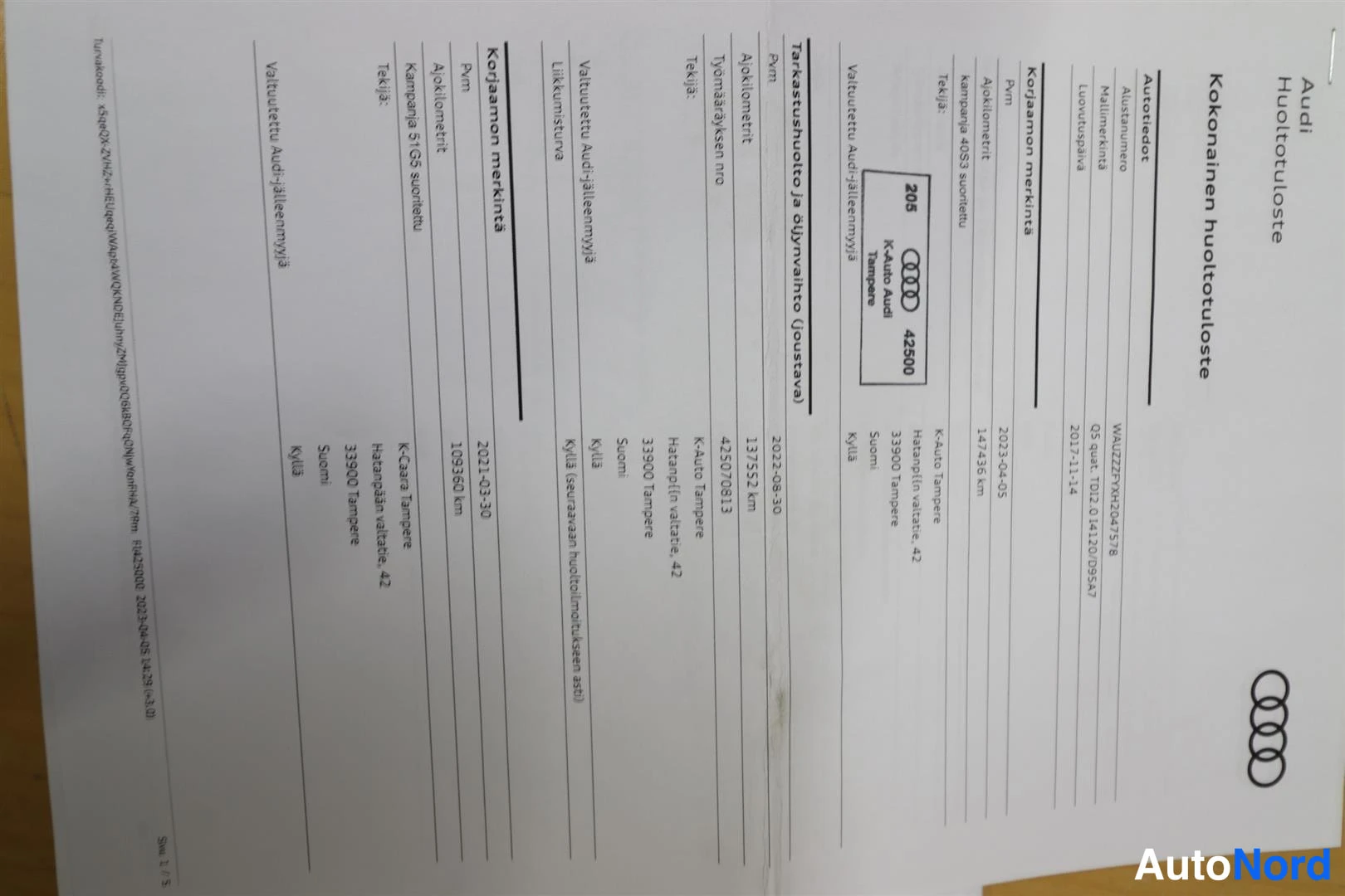 Asiakirja: Audi huoltotuloste, kokonainen huoltotuloste, where kelanhuolto 42500 km 2023-04-05 and korjaamon merkintä 103380 km 2021-07-30.
