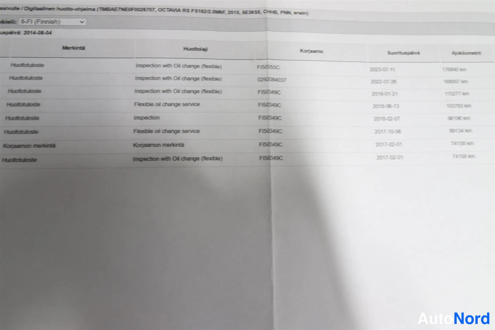 Yksityiskohta: Digitiaalisen huolto-ohjelman tuloste, jossa huoltotapahtumia vuosilta 2017–2023 ajokilometreillä 74158–178840 km.