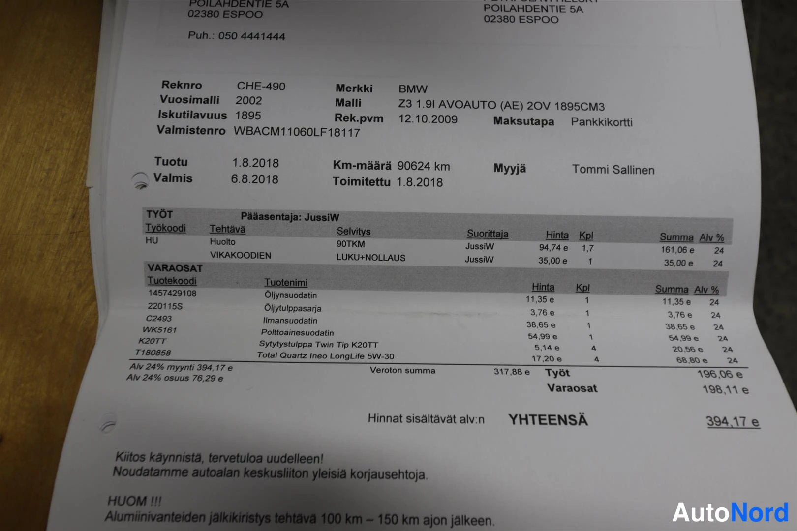 Asiakirja: Huoltolasku BMW Z3 1.9I Avoauto -autolle (rek. ), työsuoritus 90624 km, toukokuussa 2018, yhteensä 394,17 €.