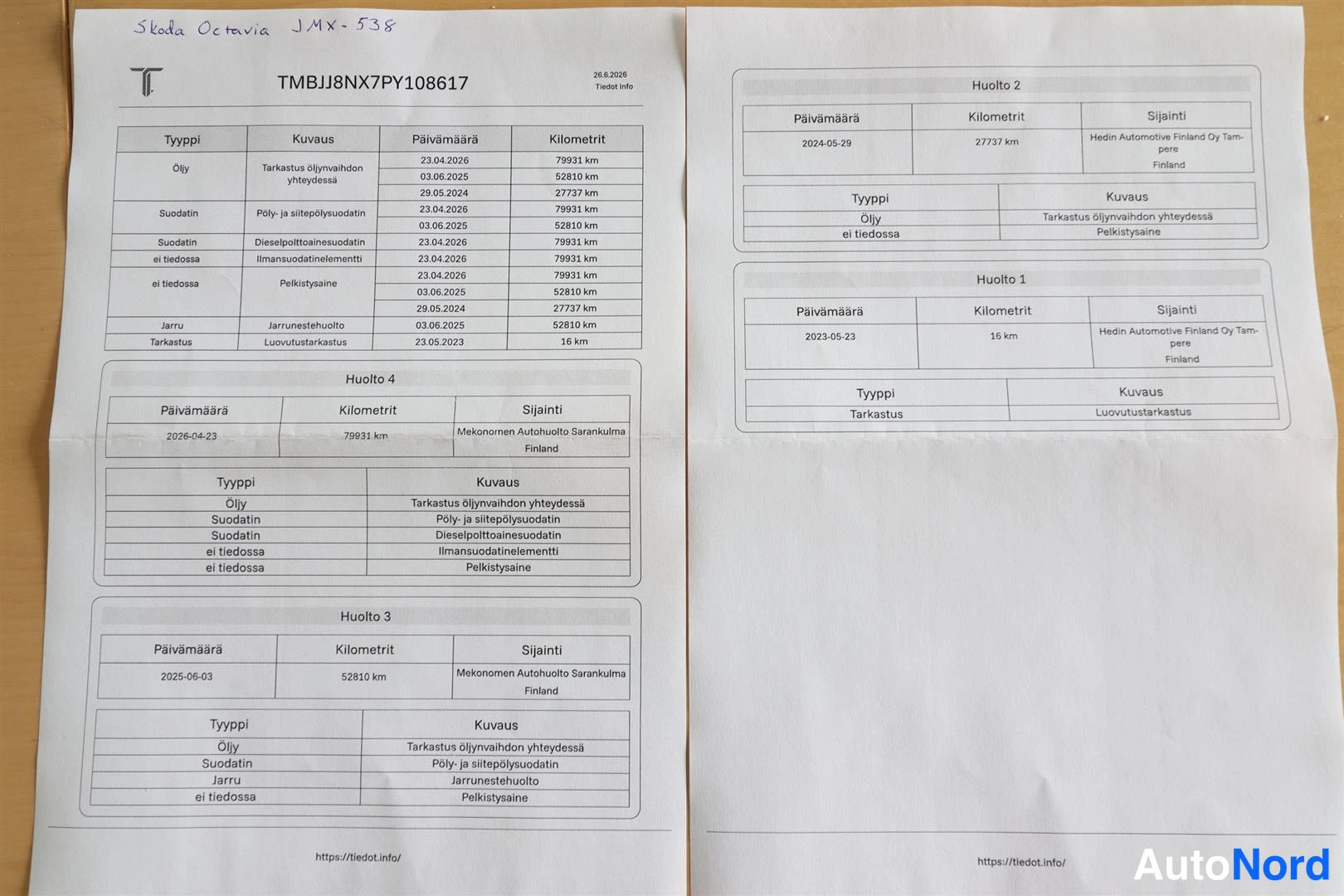 Yksityiskohta: Kaksi painettua huoltodokumenttia, joissa huoltotiedot huoltojen 1–4 päivämäärineen ja kilometreineen, hakasulkeissa myös VIN-koodi TMBJJ8NX7PY108617.