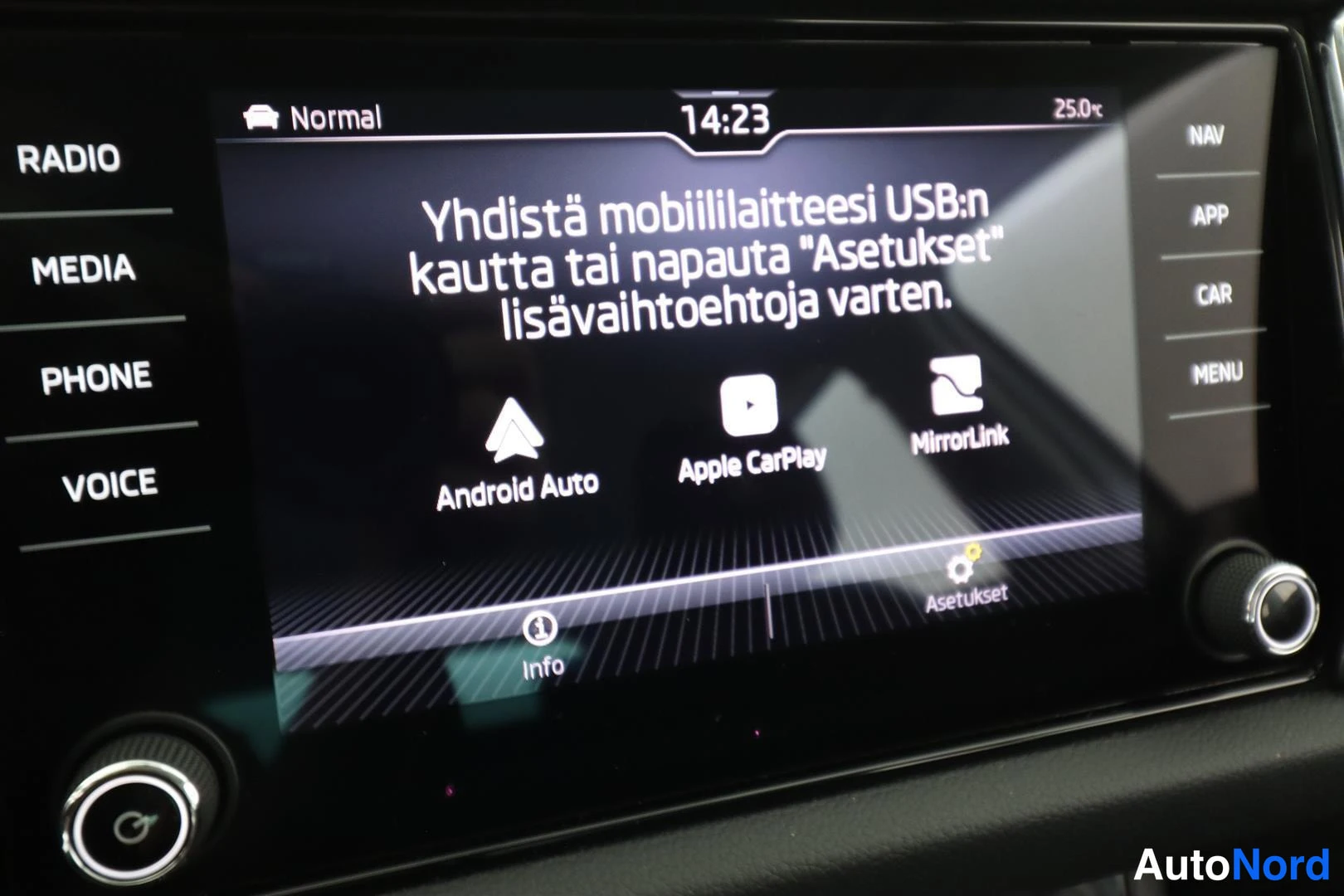 Muu: Infotainmentelectron näyttö, jossa teksti 'Yhdistä mobililaitteesi USB:n kautta...' ja Android Auto-, Apple CarPlay- ja MirrorLink-valinnat.