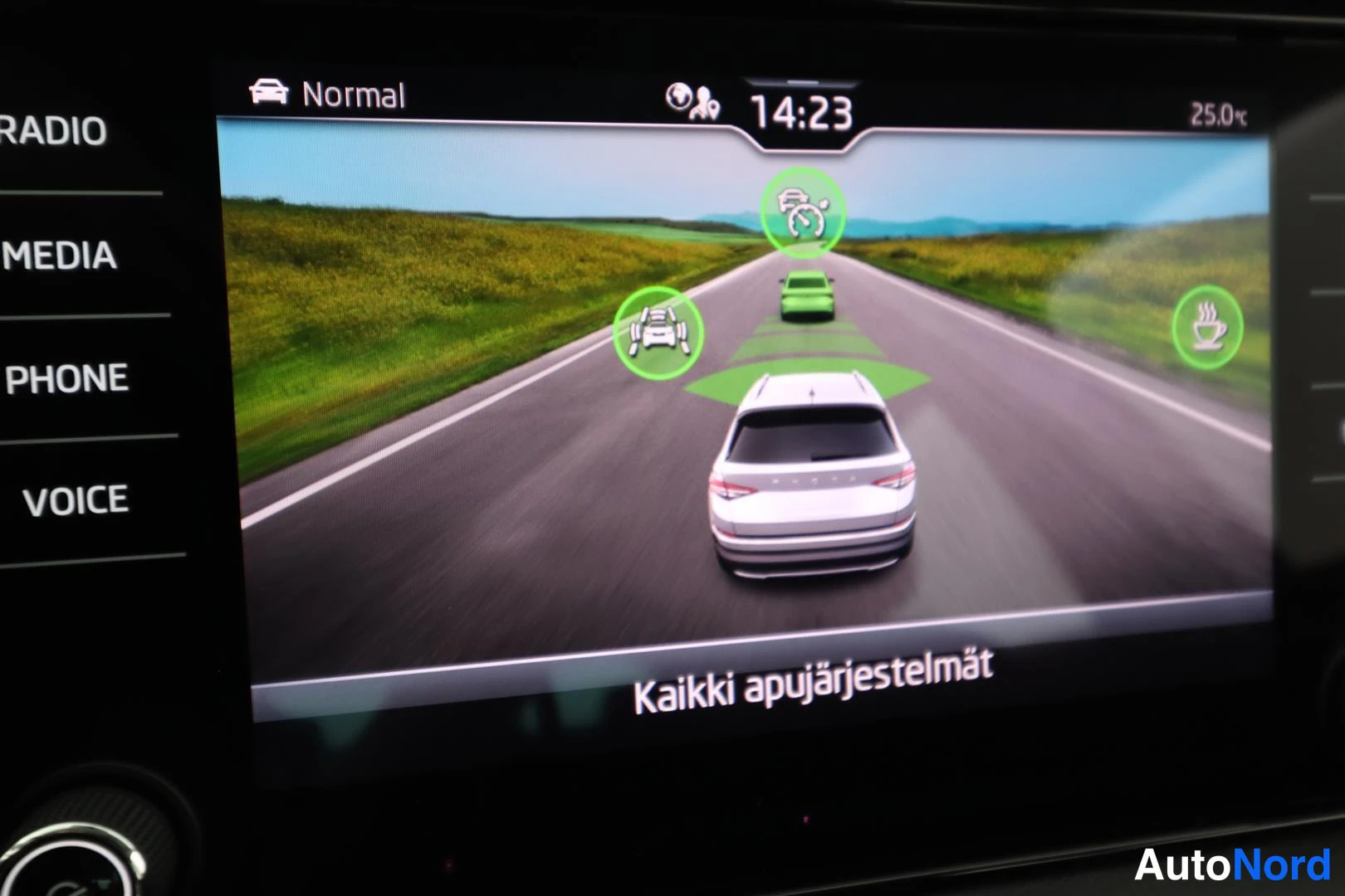 Muu: Kojelaudan näyttö, jossa kuva autosta ajoteillä ja teksti 'Kaikki apujärjestelmät'; kuljettaja-Apukuvakkeet vihreinä ympyröinä.