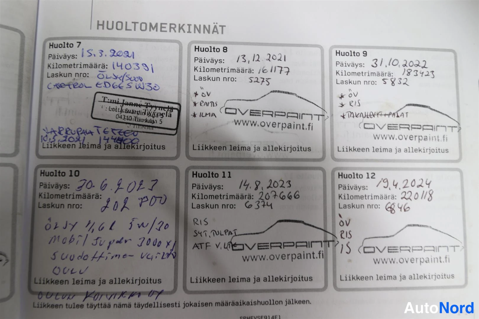 Yksityiskohta: Huoltokirjan sivu huoltomerkinnöillä vuosilta 2021–2024.