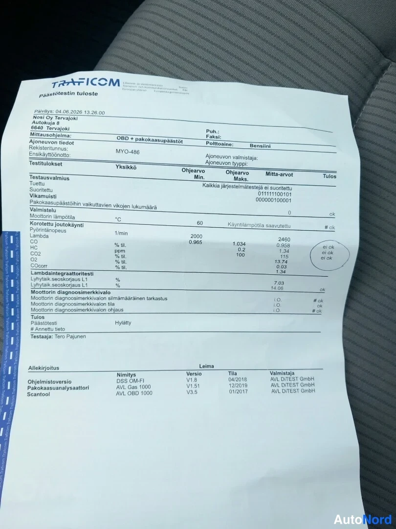 Asiakirja: Päästötestin tuloste Traficomin asiakirja, Moottori Oy Tervijoki, Akaa, 04.06.2026, OBD-pakokaasupäästötulokset.
