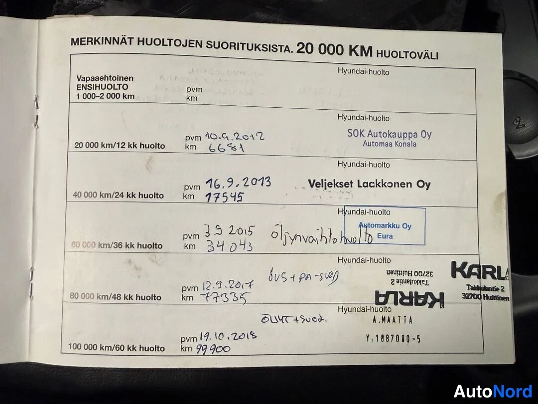 Muu: Aukileafta huoltokirjan sivu 'Merkinnät huoltojen suorituksista', jossa käsin kirjatut huoltotiedot 20 000–100 000 km huolloista vuosilta 2012–2018.