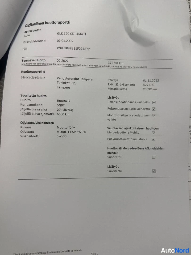 Asiakirja: Digitainen huoltoraportti, huoltoraportti 4, Mercedes-Benz GLK 320 CDI 4MATIn huolto vuodelta 2012.