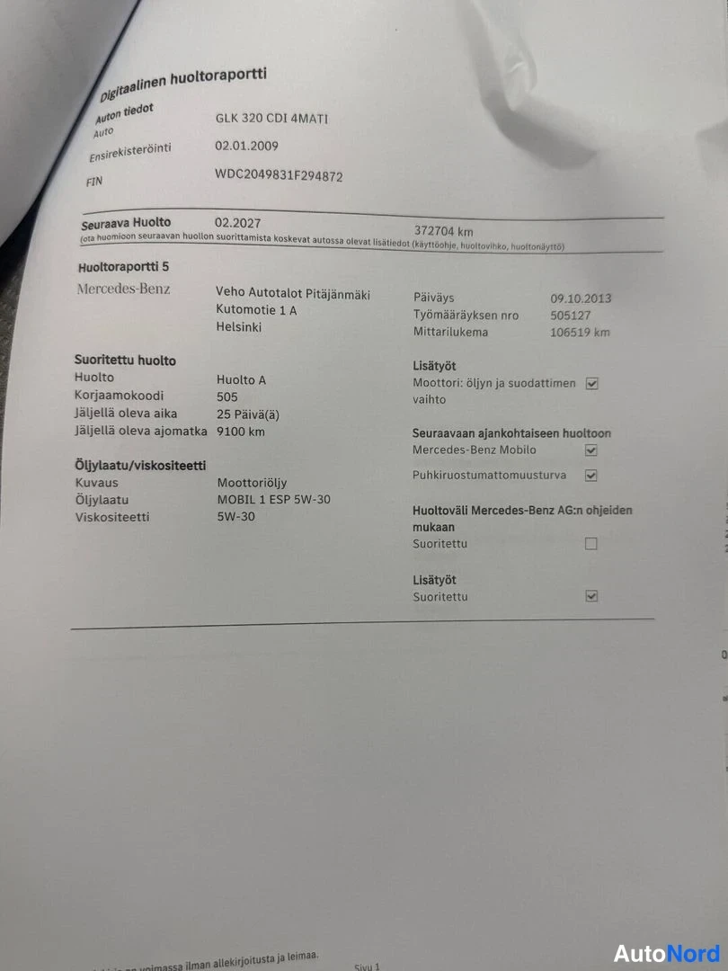 Asiakirja: Digitaalinen huoltoraportti Mercedes-Benz GLK 320 CDI 4MATIC -autolle, huolto A suoritettu 2013.