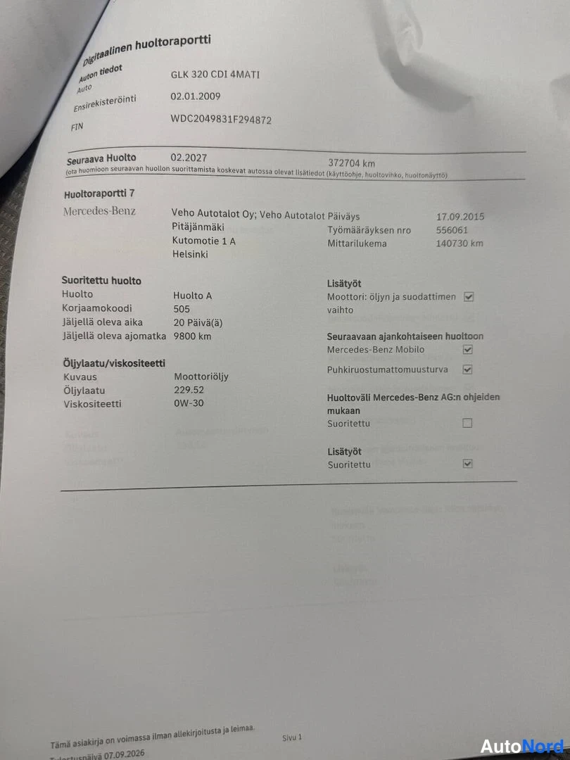 Asiakirja: Sama huoltoraporttisivu toistuvasti: Mercedes-Benz GLK 320 CDI 4MATI, huoltoraportti 7, mittarilukema 140730 km.
