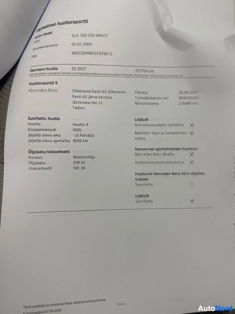 Asiakirja: Dokumenttisivu: Mercedes-Benzin huoltoraportti 9, huolto Siliberauto Eesti AS:ssä 30.08.2017, mittarilukema 176680 km.