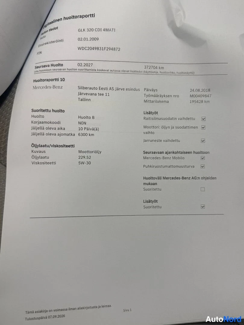 Asiakirja: Huoltoraportti Mercedes-Benz GLK 320 CDI 4MATIC -autolle, huolto 10 tehty 24.08.2018 Tallinnassa, mittarilukema 19428 km.