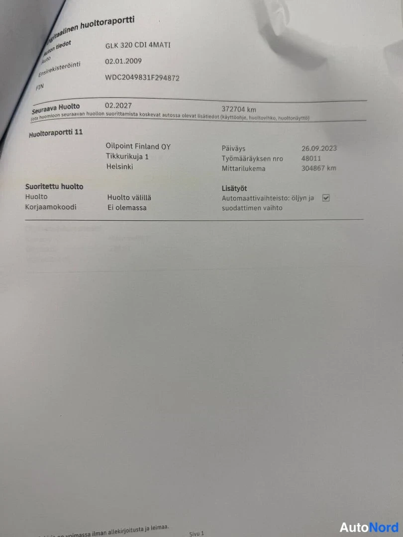 Asiakirja: Huoltoraportti, Mercedes-Benz GLK 320 CDI 4MATIC, huolto Oilpoint Finland OY 26.09.2023.