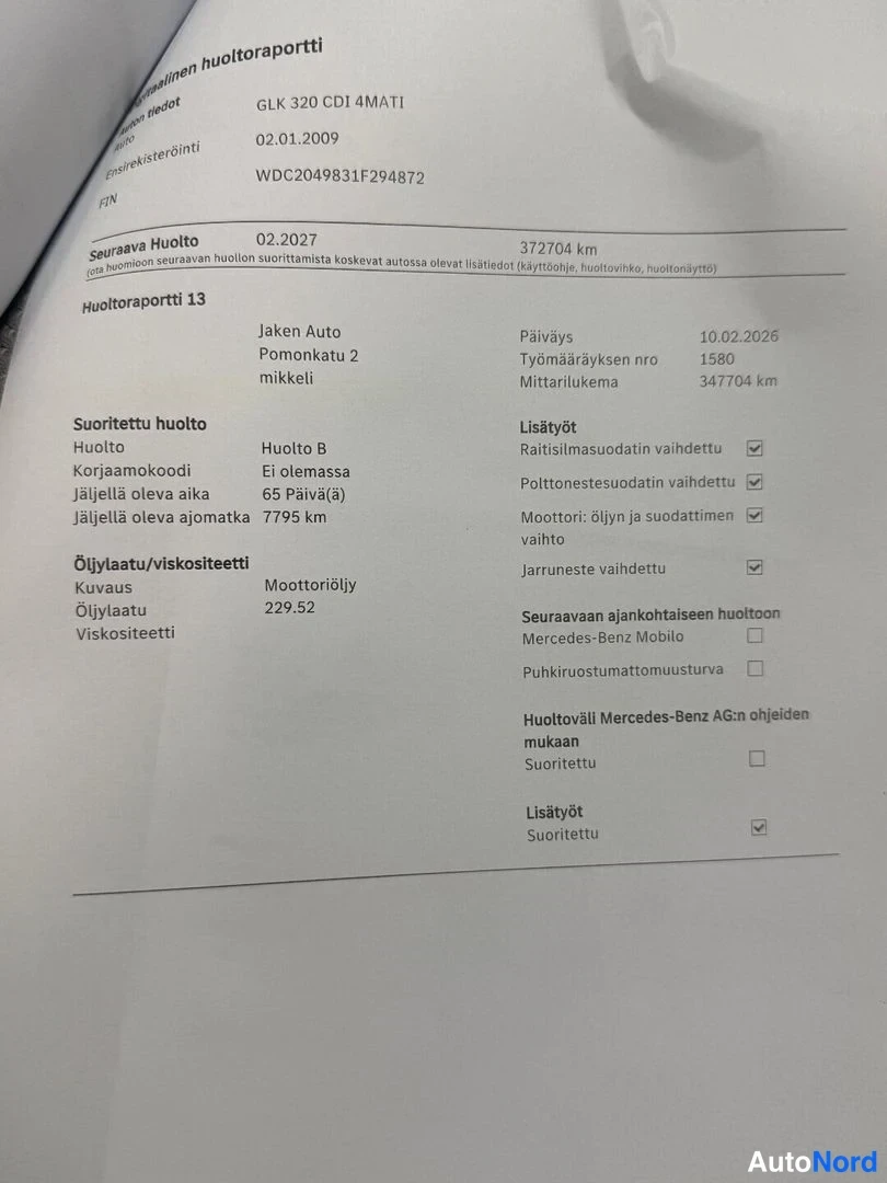 Asiakirja: Huoltoraportti: Mercedes-Benz GLK 320 CDI 4MATIC, huolto 13 Jaken Auto, päiväys 10.02.2026, mittarilukema 347704 km.