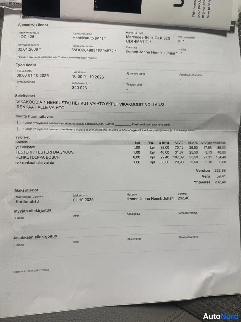 Muu: Korjaustilaus- ja työnaluskertomus, jossa näkyy Mercedes-Benz GLK 320 CDI 4MATIC -ajoneuvon tiedot, suoritetut työt ja maksutiedot.