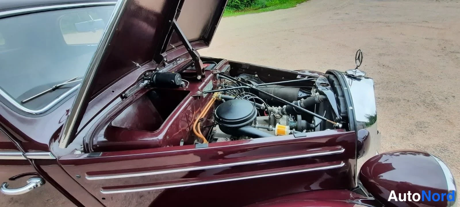Moottoritila: Mercedes-Benz 170 Sb 1952, avattu moottoritila kuvattuna: moottori ja sen osat näkyvissä, konepelti ylhäällä.