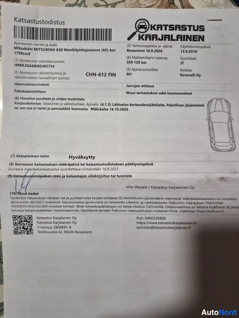 Muu: Katsastustodistus Katsastus Karjalaisen Oy:ltä, Mitsubishi ASX, hyväksytty katsastus.