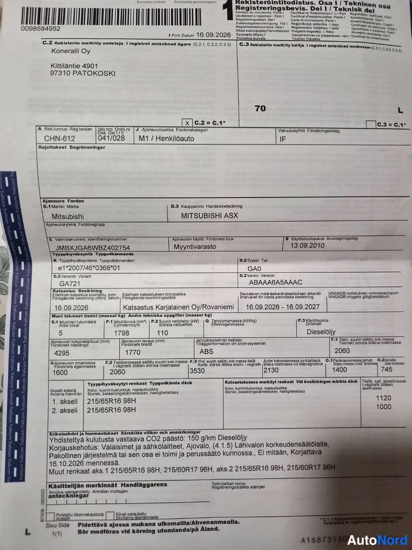 Muu: Rekisteriotteen osa 1 ja tekninen osa, jossa Mitsubishi ASXin ajoneuvotiedot ja katsastustiedot.