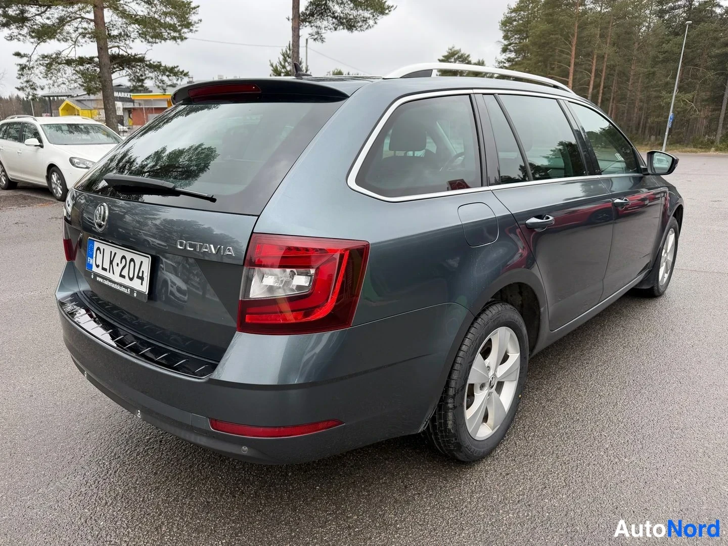 Takaviisto: Tummanharmaa farmariauto takaa oikealta kolmionneljanneskuva, takaluukussa OCTAVIA-teksti ja -rekisterikilpi, punaiset takavalot näkyvät parkkipaikalla puuston