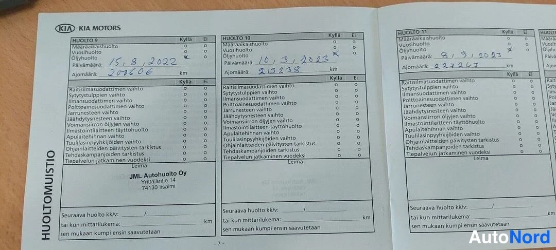 Muu: Avattu KIA MOTORS huoltokirja sivulla 7, huolot 9-11: käsin kirjoitettuja päivämääriä 15.8.2022 (201606 km), 10.3.2023 (213238 km) ja 8.9.2023 (237267 km), teki