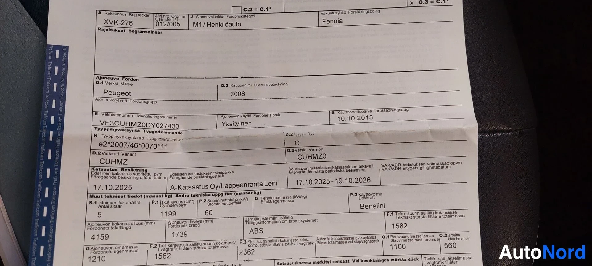 Muu: Rekisteriotteen tärkeimmät kohdat: rekisteritunnus, merkki Peugeot, vuosimalli 2008, käyttöönotto 10.10.2013, katsastus voimassa 17.10.2025 asti.