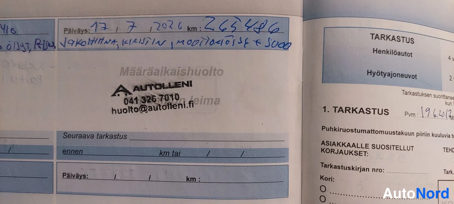 Muu: Huoltopassisätkä: päivitys 17.7.2026, km 265486, käsin kirjoitettuja merkintöjä ja Autolleni-leima.