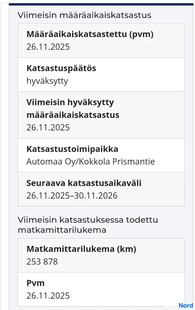 Asiakirja: Katsastustiedot: hyväksytty katsastus 26.11.2025, matkamittarilukema 253 878 km