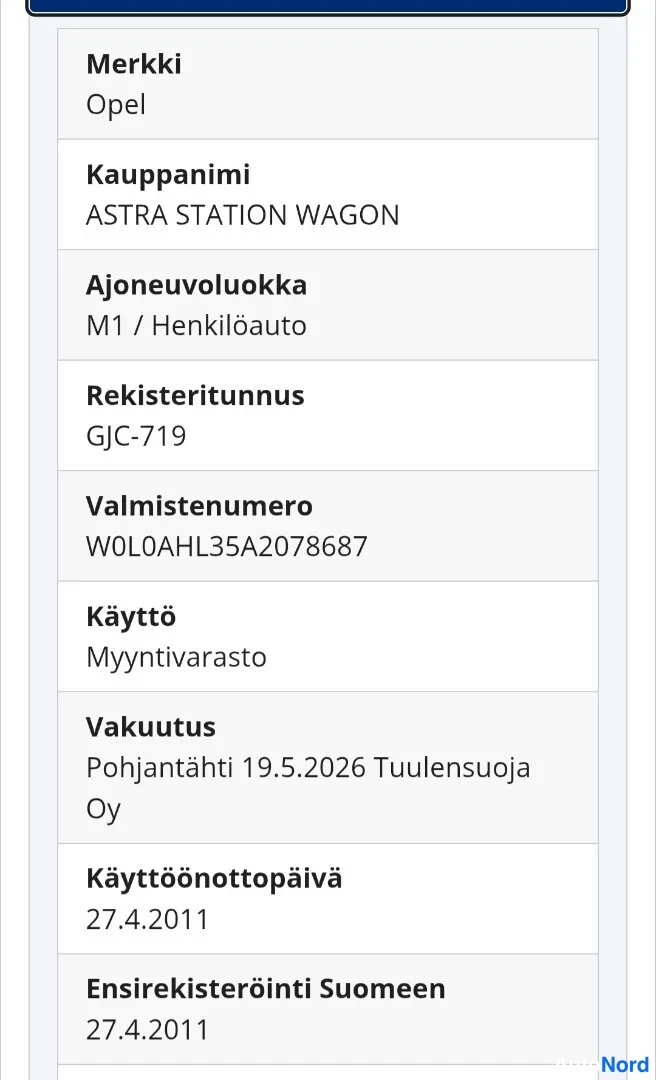 Asiakirja: Rekisteriotteen näyttö, jossa Merkki: Opel, Kauppanimi: ASTRA STATION WAGON, Rekisteritunnus.
