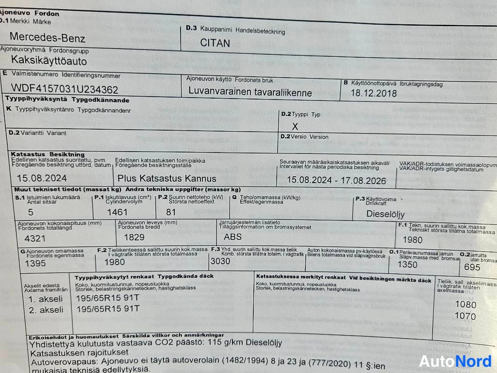 Muu: Ajoneneuvoston rekisteröimisasiakirjan osa, jossa Mercedes-Benz CITAN, VIN WDF4157031U234362, viisi istuinta, 1461 cm³ ja 81 kW.
