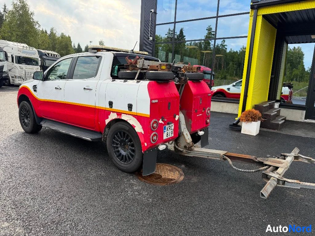 Takaviisto: Kuvan kulma on sivu-taka, jossa näkyy valkoisen ja punaisen Ford Rangerin takalaita. Punaiset säilytyslaatikot, renkaat, vesi-kumppani-vyöhyke (kumppani: KRC 81
