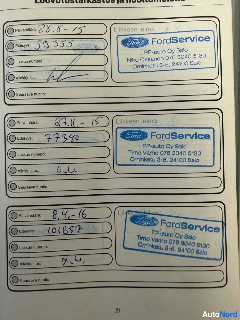 Muu: Huoltokirjan sivu 21: huollot 28.8.2015 (39 335 km), 27.11.2015 (77 340 km) ja 8.4.2016 (101 837 km), FordService-leimat PP-auto Oy Salolta.