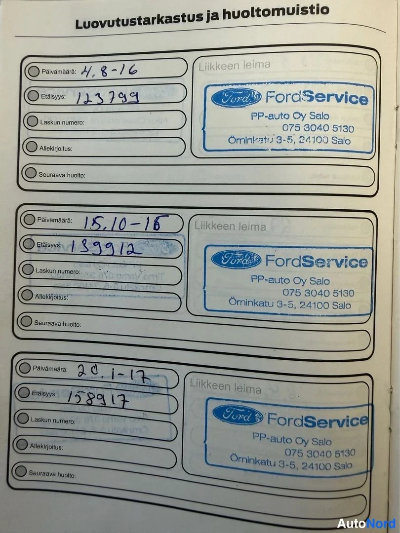 Muu: Huoltokirjan sivu: huollot 4.8.2016 (123 799 km), 15.10.2016 (139 912 km) ja 20.1.2017 (158 917 km), FordService-leimat PP-auto Oy Salolta.
