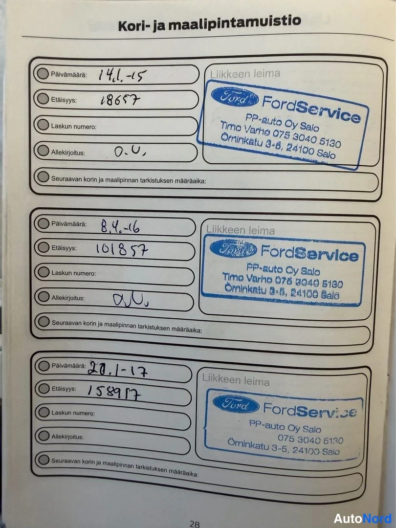 Asiakirja: Huoltokirjan sivu: kori- ja maalipintamuistio, tarkastukset merkitty päivämäärillä ja lukumäärillä, FordService-leimat.