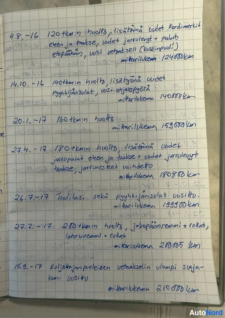 Asiakirja: Käsinkirjoitettu huoltopäiväkirjan sivu merkinnöillä vuosilta 2016–2017.