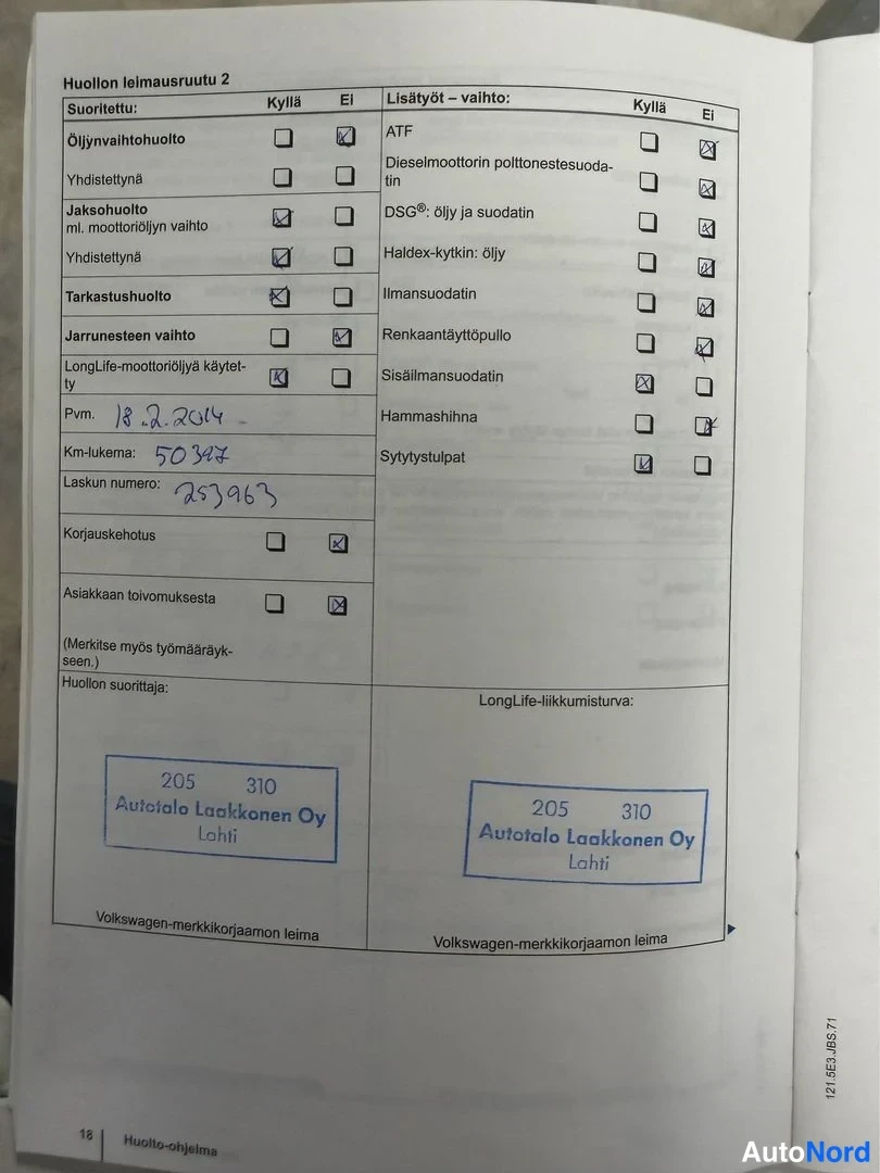 Muu: Huoltokirjan leimasinruutu 2 käsin täytettynä, huolto 18.2.2014, 50397 km.