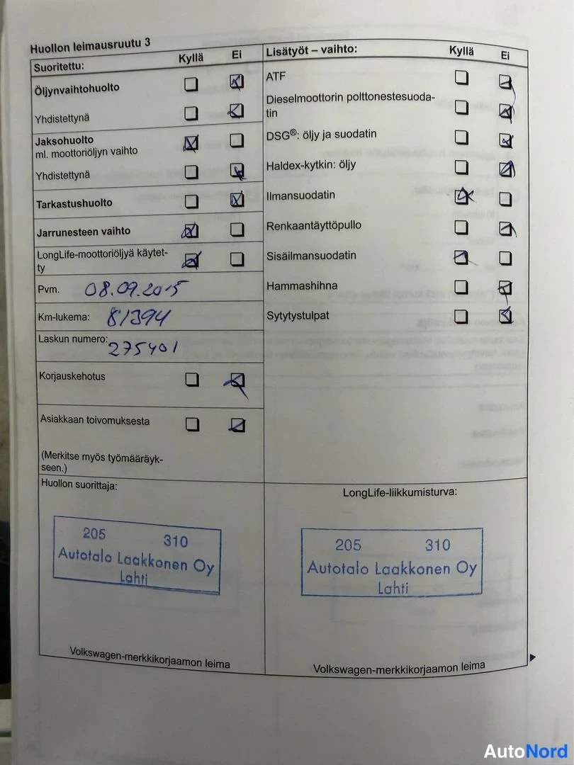 Muu: Huoltokirjan leimasinruutu 3 käsin täytettynä, huolto 08.09.2015, 87394 km.